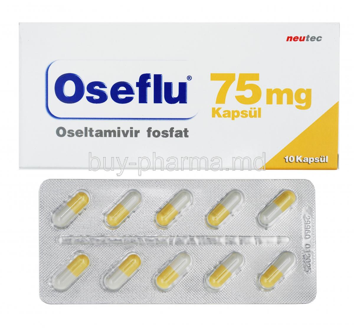 Oseflu Oseltamivir phosphate 75mg box and capsule