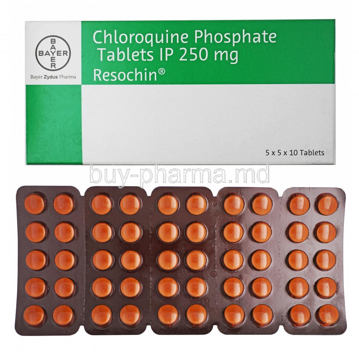 Resochin Chloroquine 250mg box and tablet
