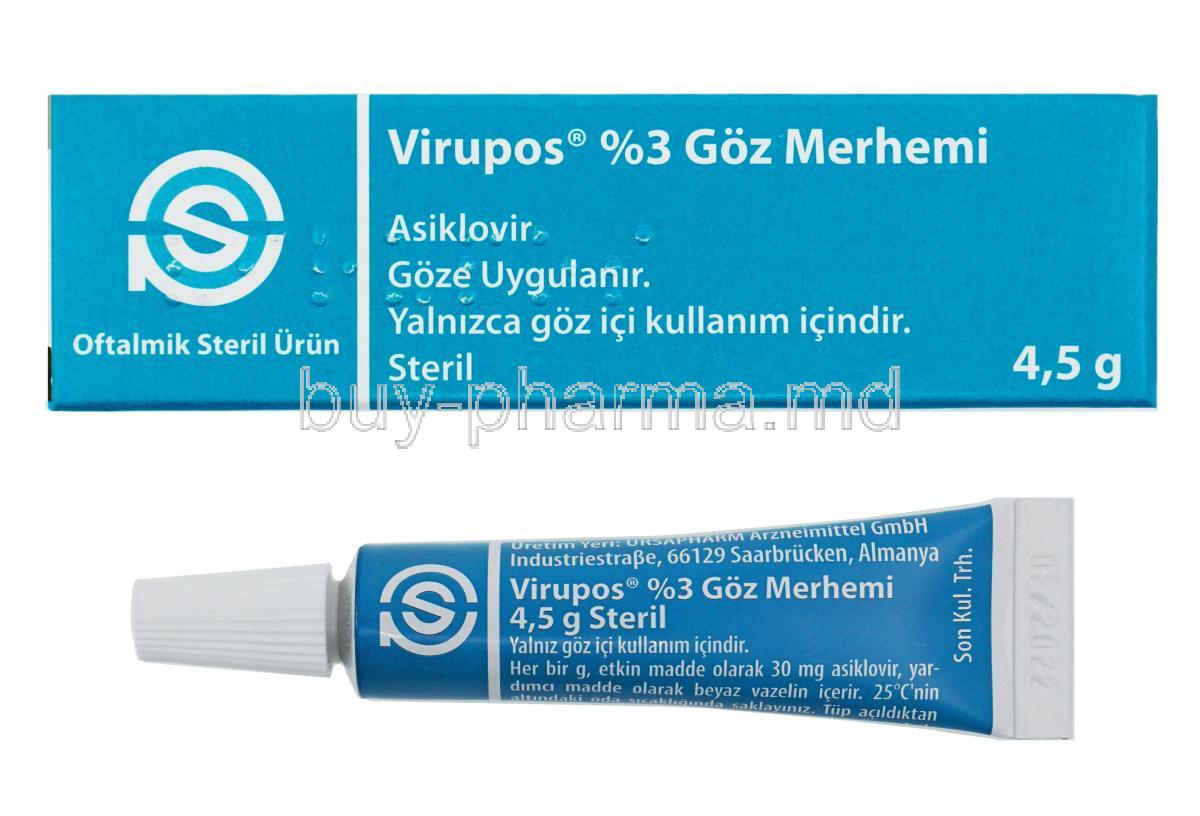 Virupos eye ointment, Aciclovir box and tube