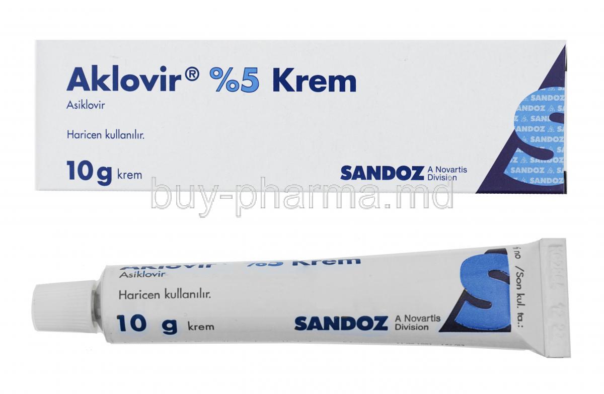Aklovir Cream, Aciclovir 5% box and tube