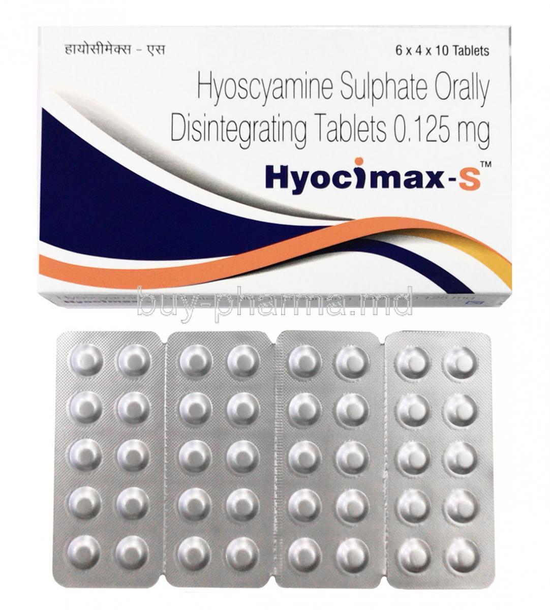 Hyocimax-S, Hyoscyamine box and tablets