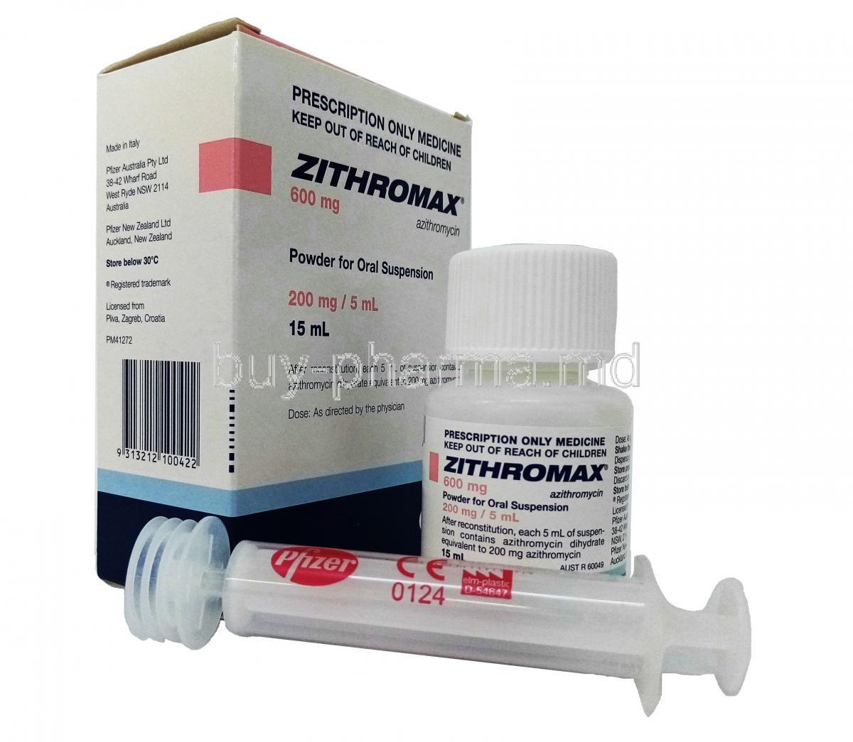 Zithromax Powder for oral suspension, Azithromycin, 200mg/5ml 15ml Powder for oral suspension, Box, Bottle, syringe