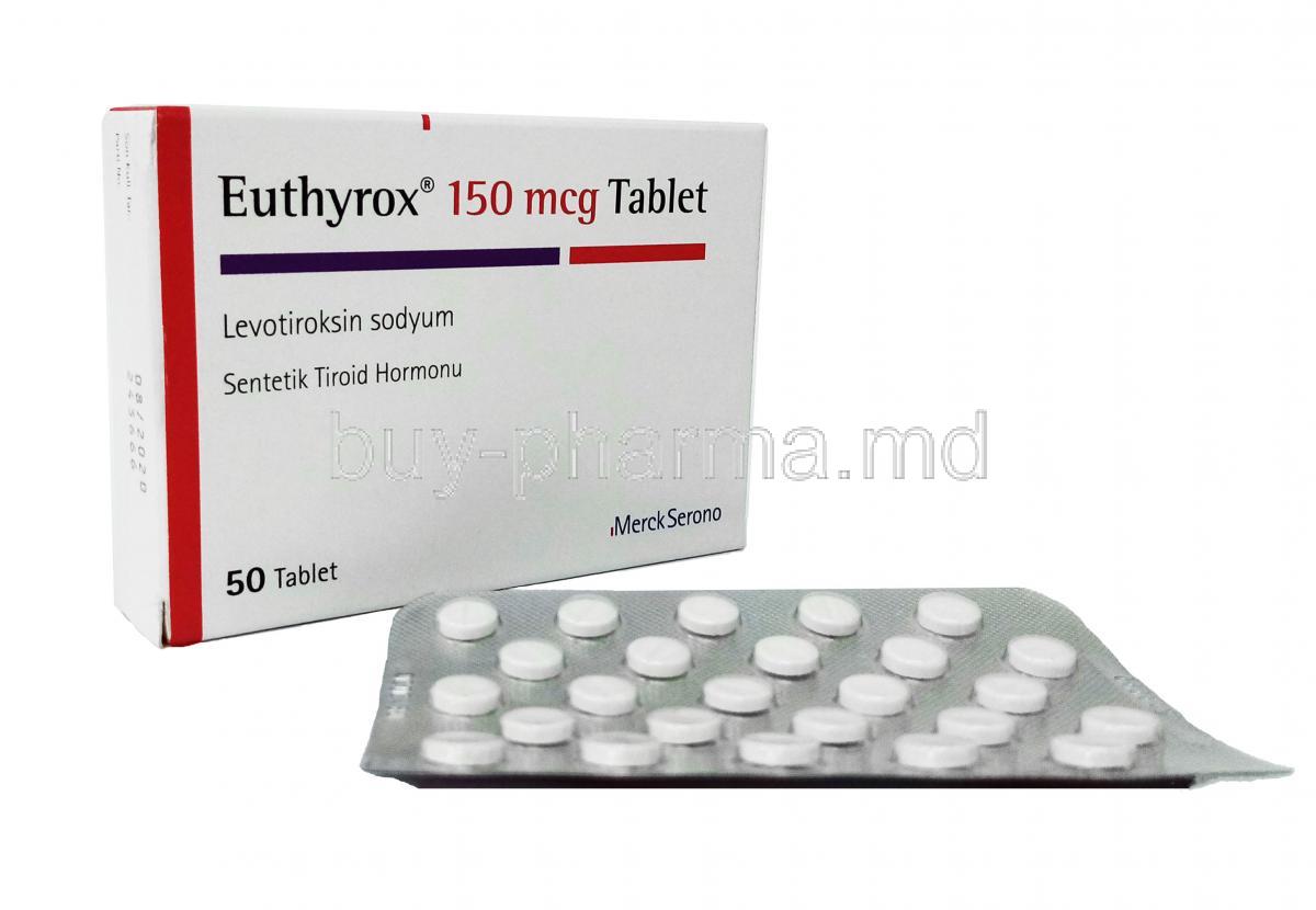 Euthyrox, Levothyroxine, 150 mcg, 50tabs, Box, Sheet