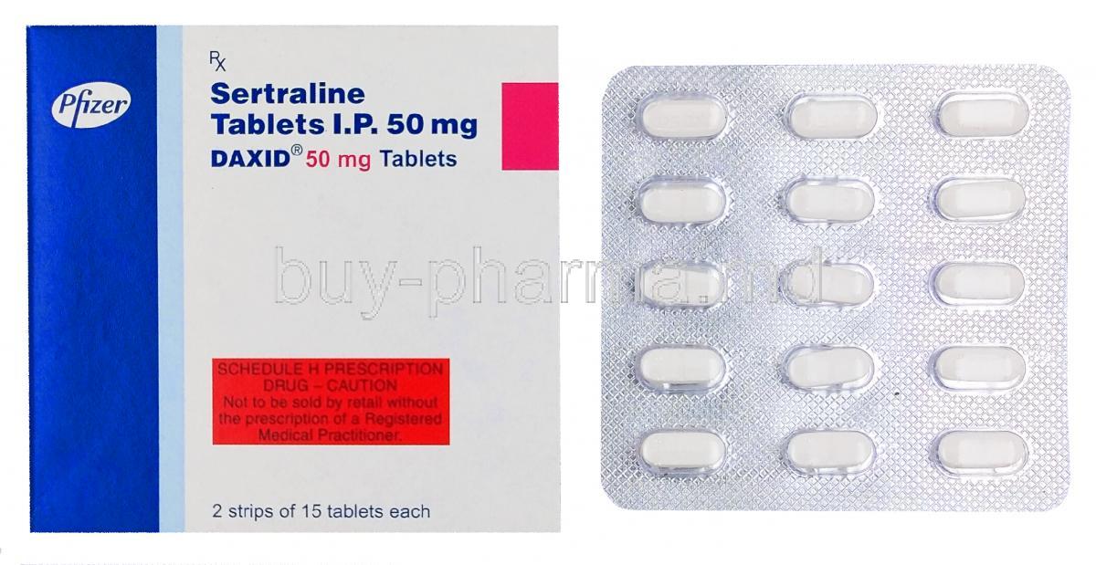 Daxid, Sertraline 100 mg, Pfizer, box and blister pack