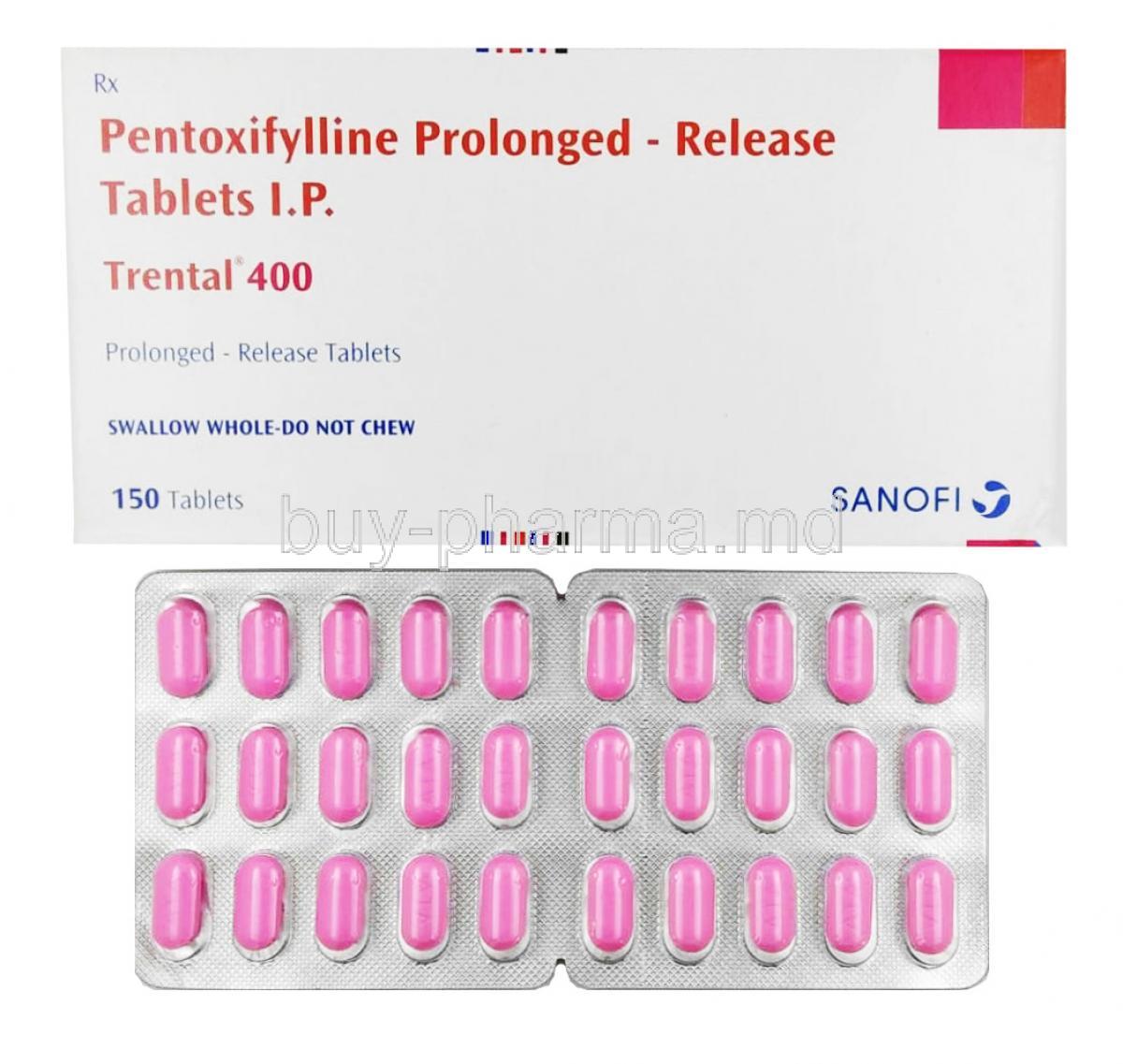 Trental, Pentoxifylline 400mg box and tablet