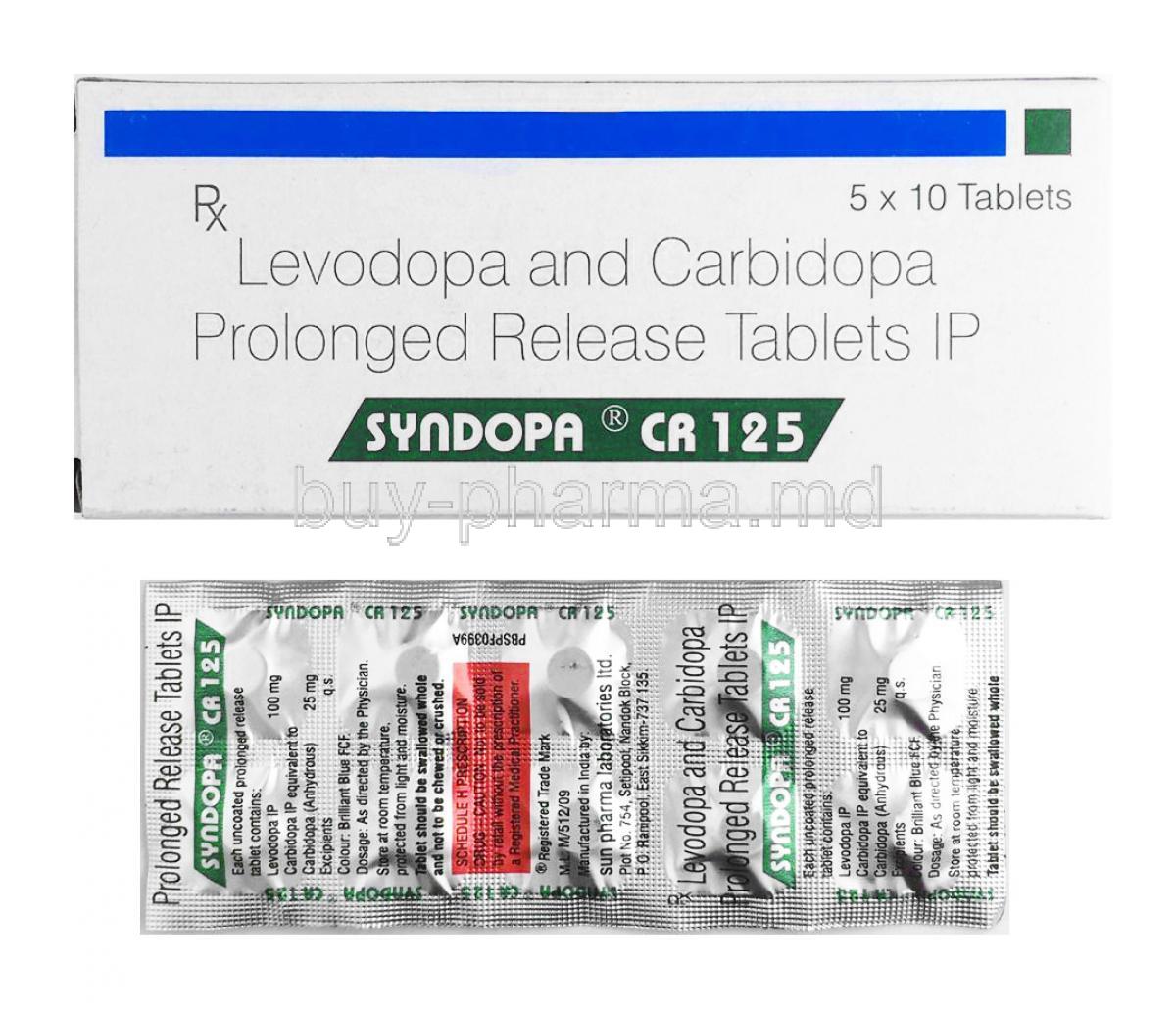 Syndopa CR 125, Levodopa and Carbidopa box and tablet