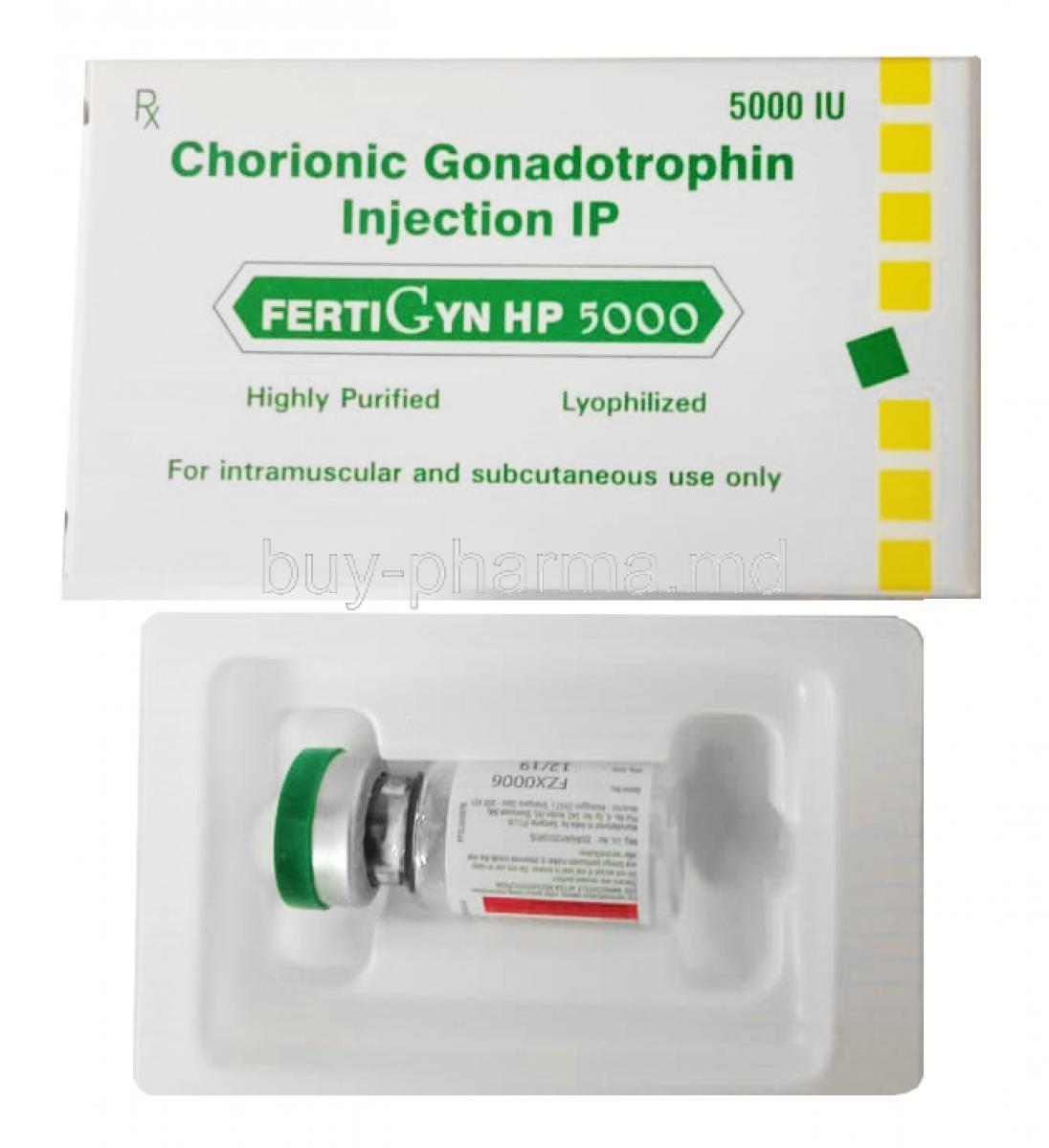 Fertigyn HP 5000 Injection, Human chorionic gonadotropin 5000IU box and vial