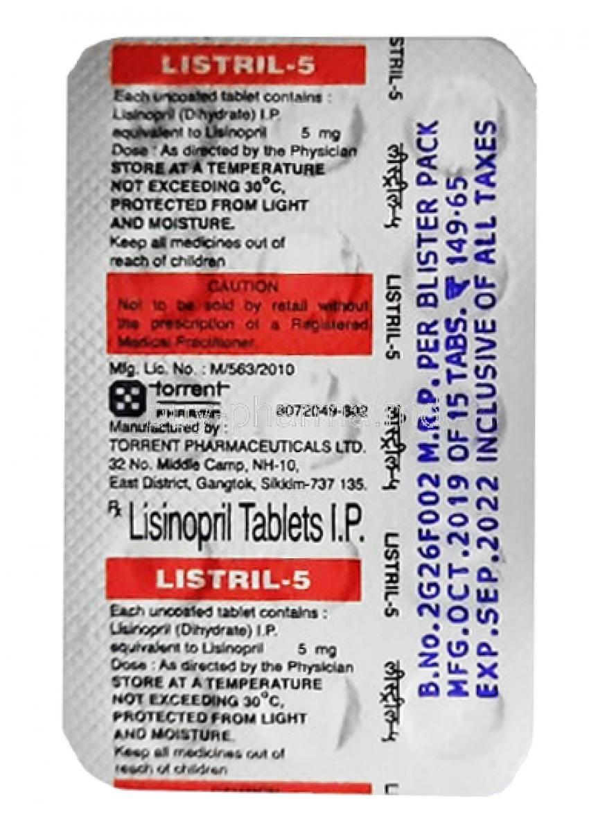 Listril, Lisinopril 5mg tablet back information