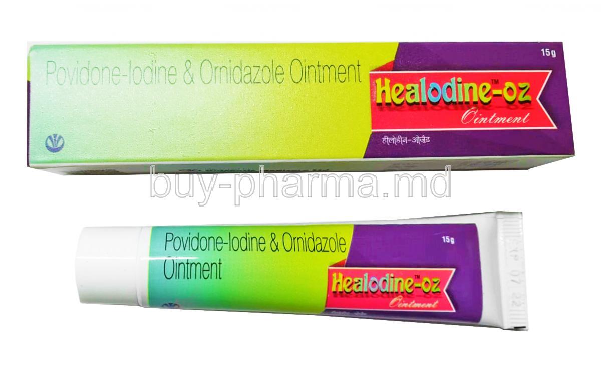 Healodine OZ Ointment, Povidone Iodine and Ornidazole box and tube