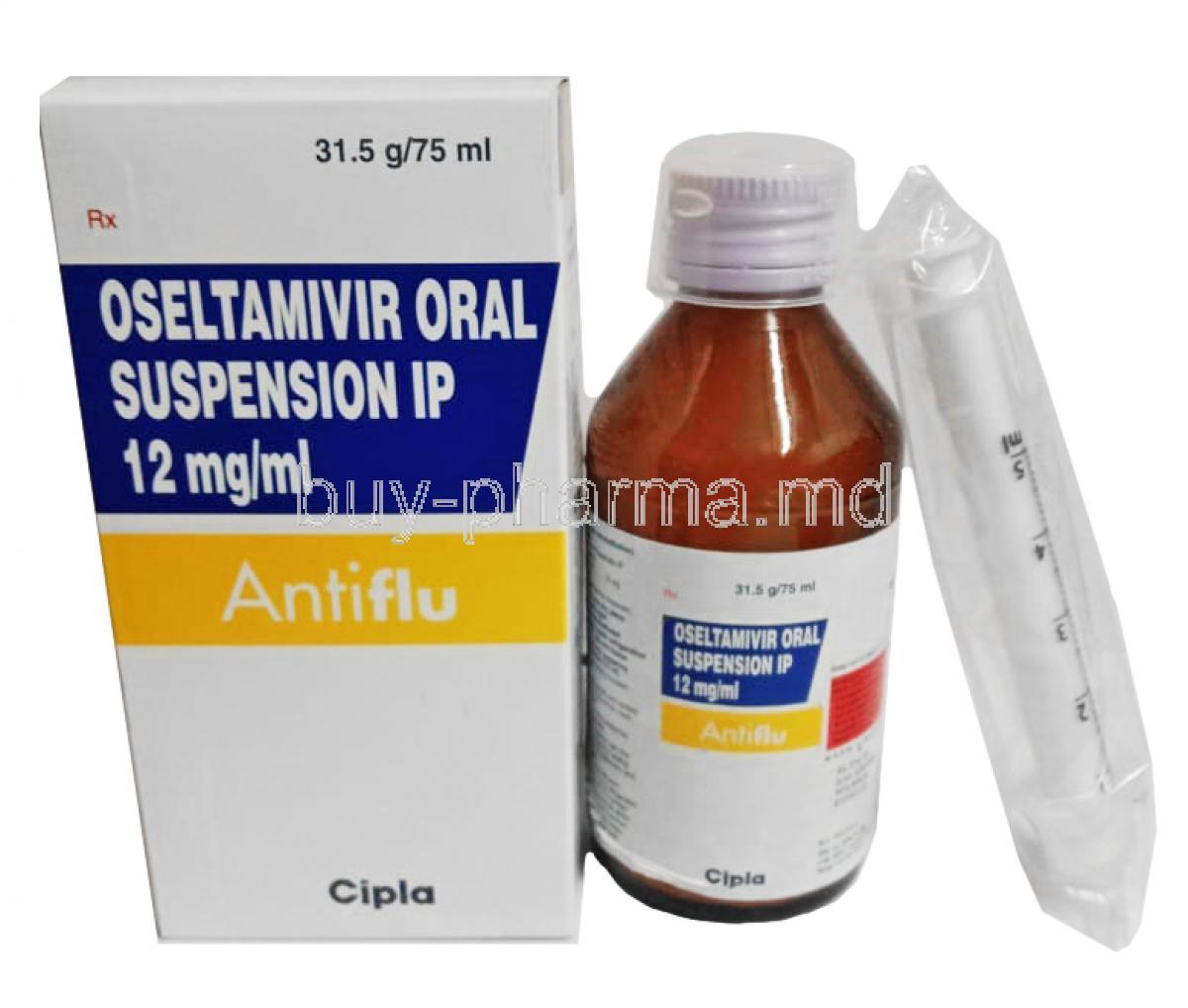 Antiflu Oral Suspension, Oseltamivir Phosphate box and bottle