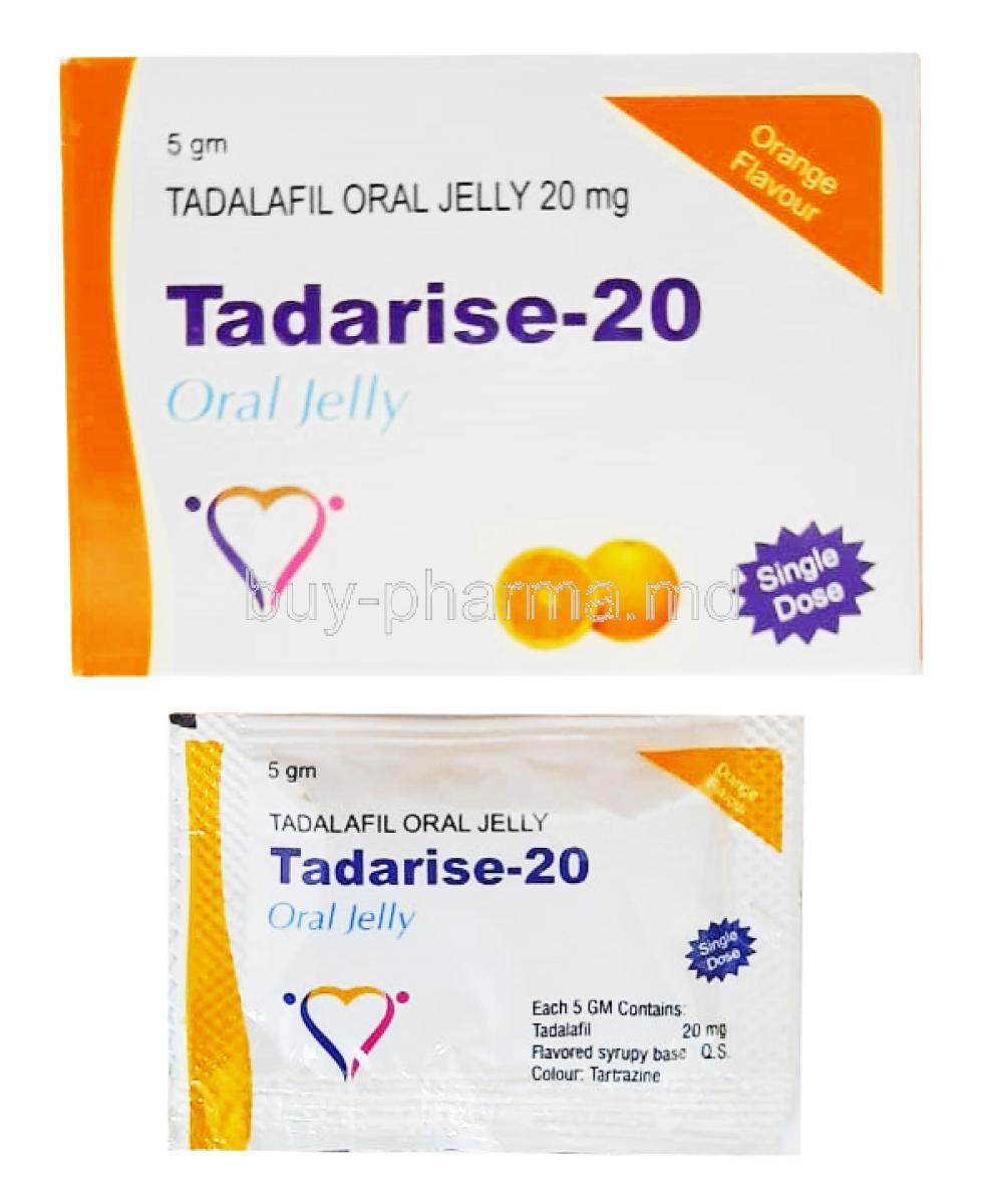 Tadarise Oral Jelly, Tadalafil  box and sachet