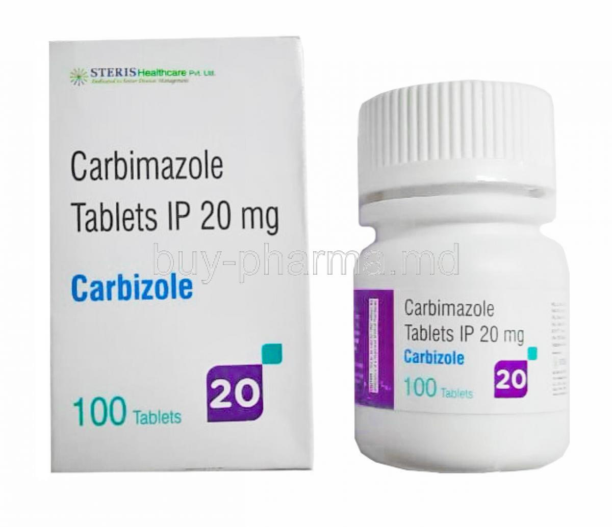 Carbizole, Carbimazole 20mg box and bottle