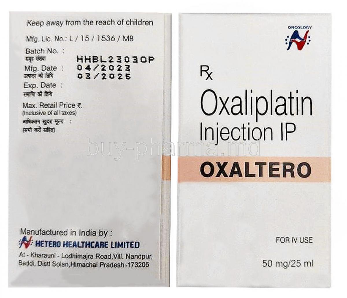 Oxaltero Injection, Oxaliplatin 50 mg, Injection, Hetero Healthcare, Box