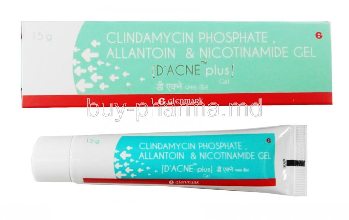 D Acne Plus Gel, Allantoin, Clindamycin and Niacinamide 15g box and tube