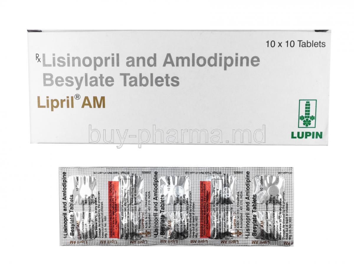 Lipril AM, Amlodipine and Lisinopril box and tablet