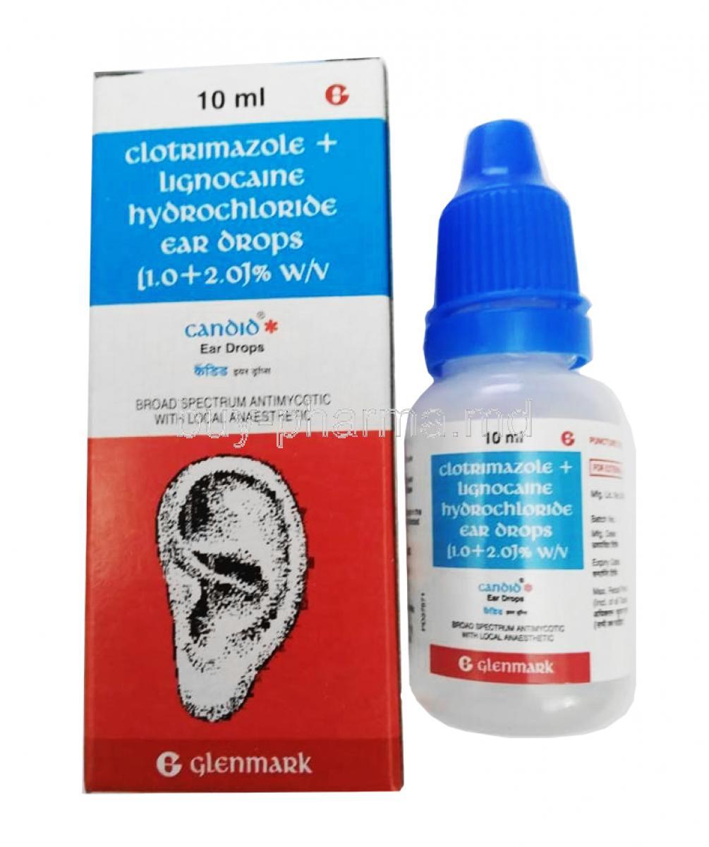 Candid Ear Drop, Lidocaine and Clotrimazole 10ml box and bottle