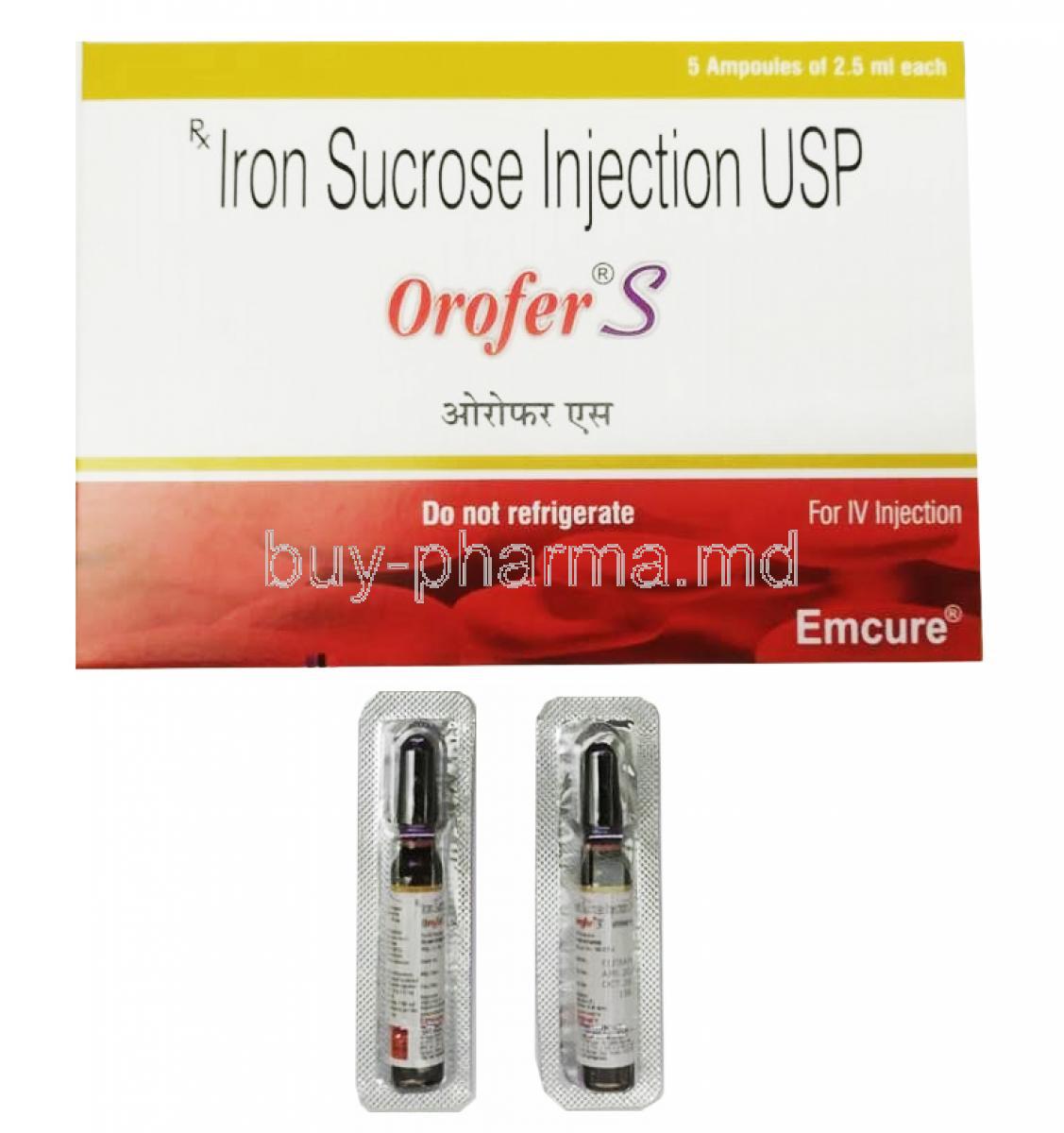 Orofer S Injection, Iron 20mg box and ampoule
