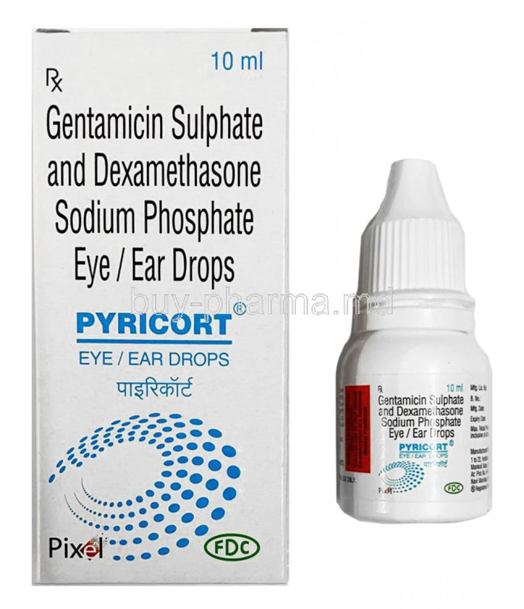 Pyricort EyeEar Drops, Gentamicin and Dexamethasone 10ml box and bottle