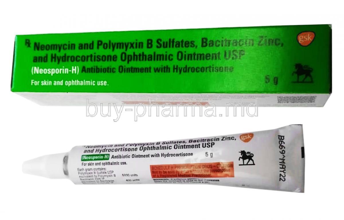 Neosporin H Ointment, Polymyxin B, Neomycin, Bacitracin and Hydrocortisone 5g box and tube