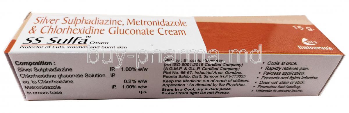 SS Sulfa Cream, Silver Sulfadiazine 1%/ Chlorhexidine Gluconate 0.2%/ Metronidazole 1%, 15g, Box, front view