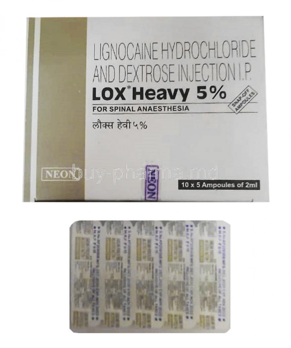 Lox Heavy Injection, Lidocaine 5% box and ampoules