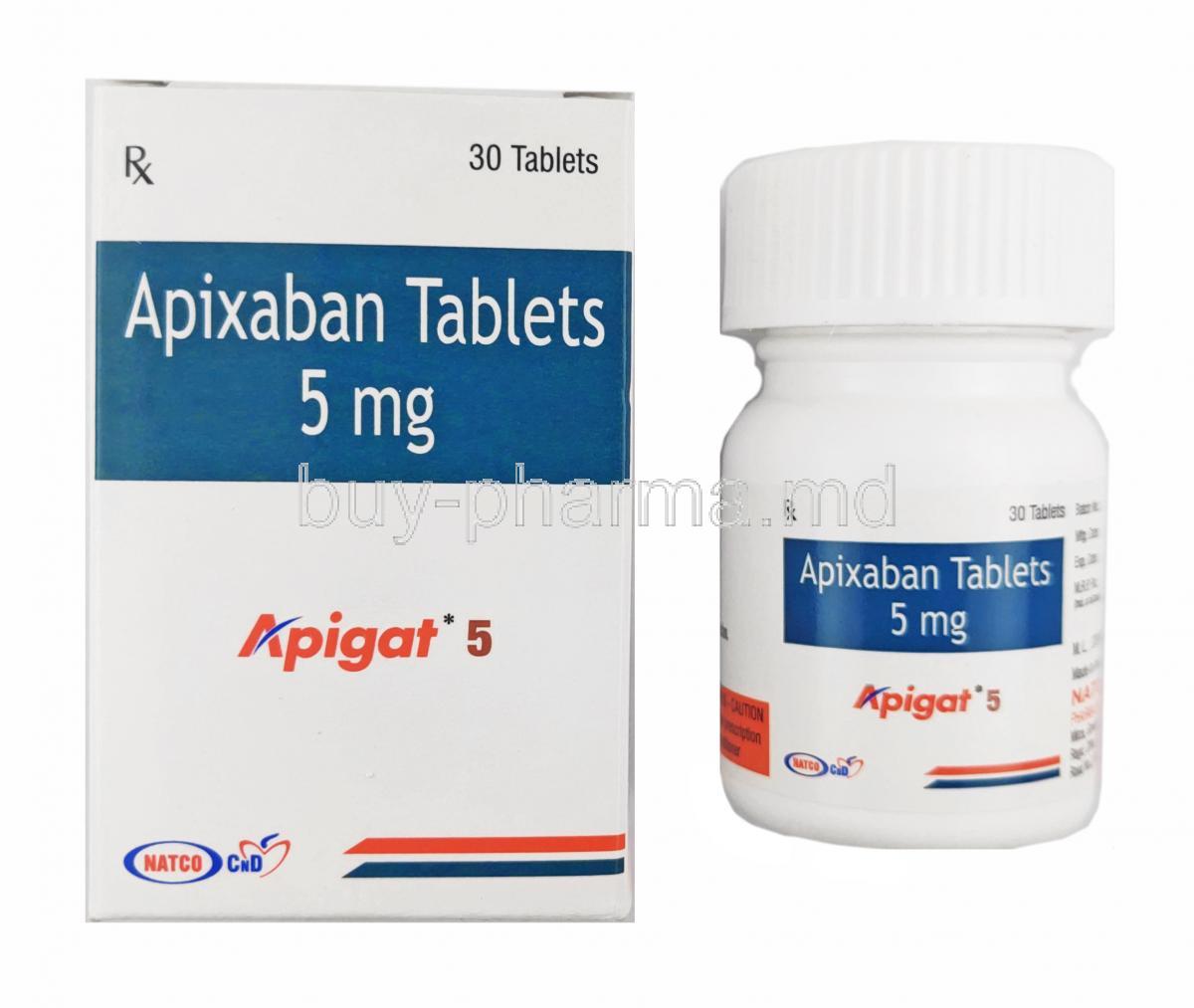 Apigat, Apixaban 5mg box and tablet bottle