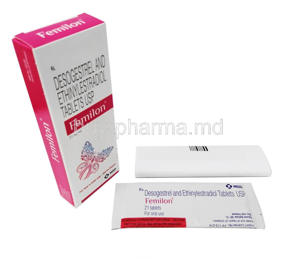 Femilon, Ethinyl Estradiol and Desogestrel box, leaflet and tablet
