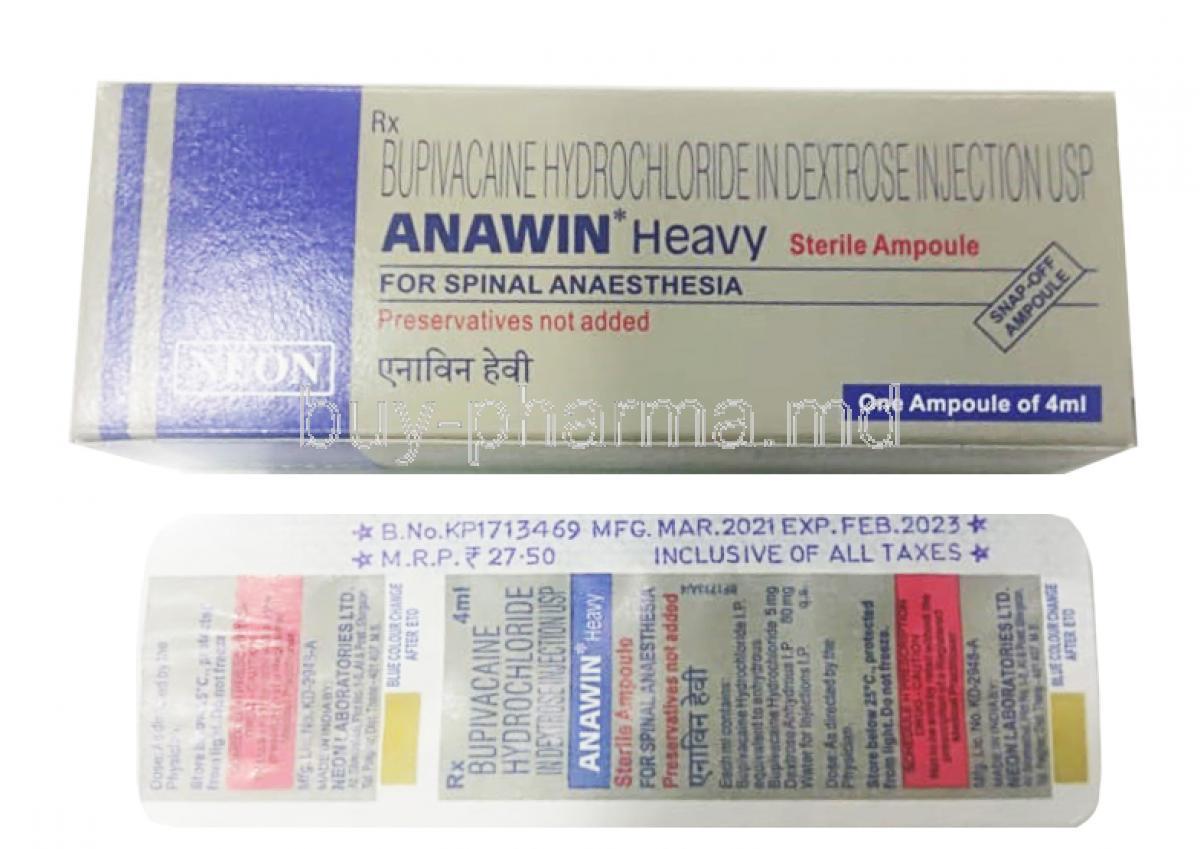 Anawin Heavy Injection, Bupivacaine 5mg box and ampoule back
