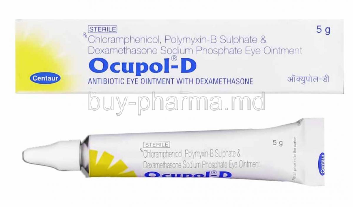 Ocupol D Eye Ointment, Chloramphenicol, Dexamethasone and Polymyxin B box and tube