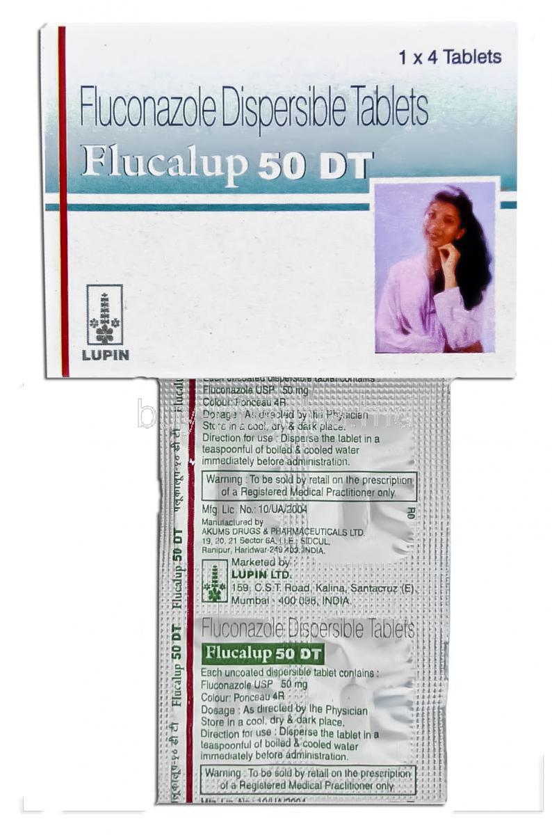 Flucalup, Generic Diflucan,  Fluconazole 50 Mg Dispersible Tablet (Lupin) Box