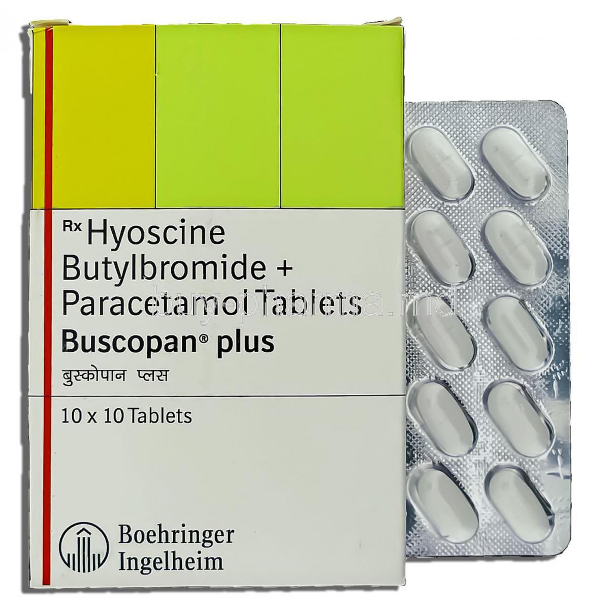 Buscopan Plus, Hyoscine Butylbromide/ Paracetamol 10 mg/ 500 mg Tablet (Boehringer Ingelheim)