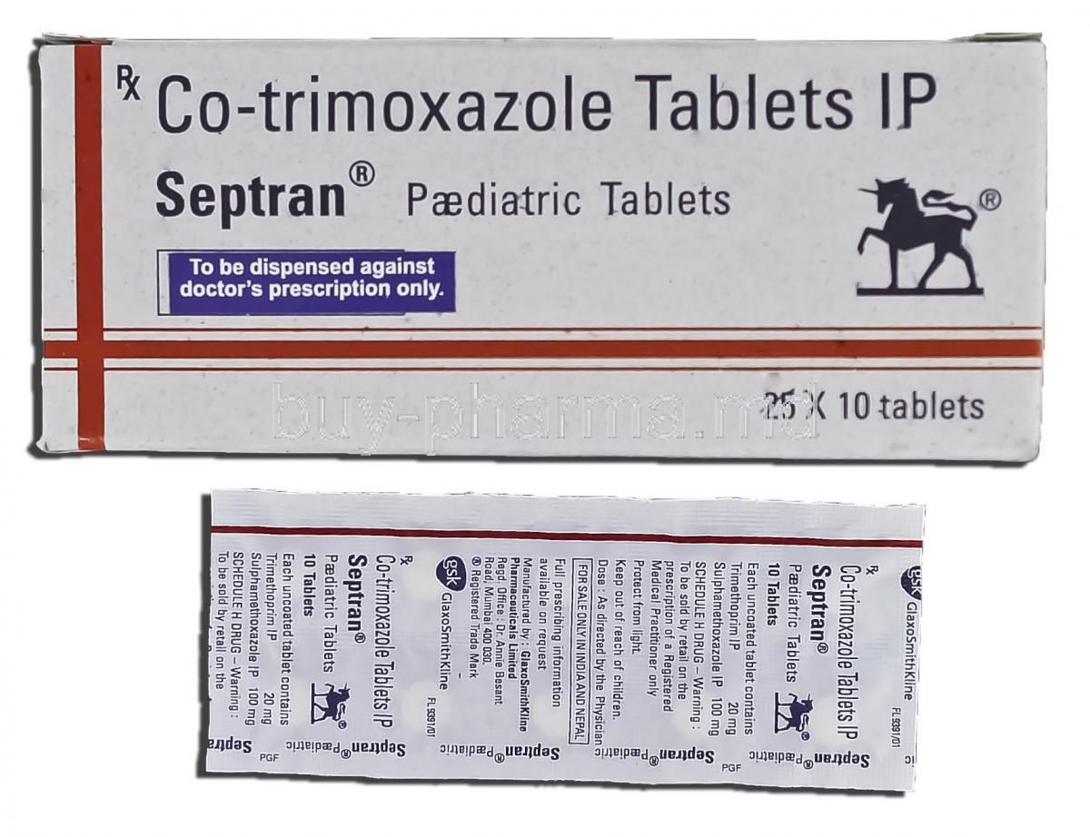 Septran, Trimethoprim, 20 mg, Sulphamethoxazole, 100 mg, Paediatric, Co-trimoxazole, Tablet