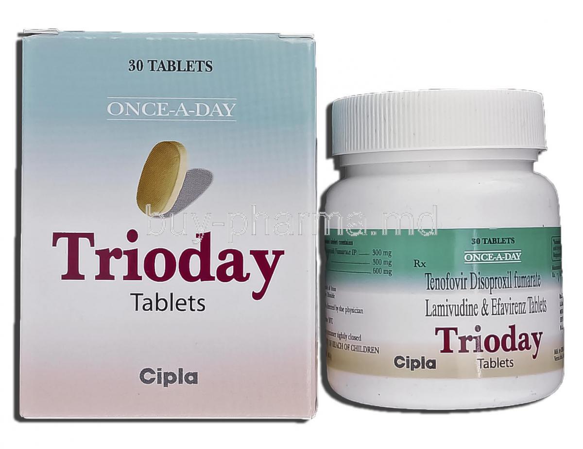 Trioday, Tenofovir Disoproxil Fumarate, 300mg, Lamivudine, 300mg, Efavirenz, 600mg, Tablet