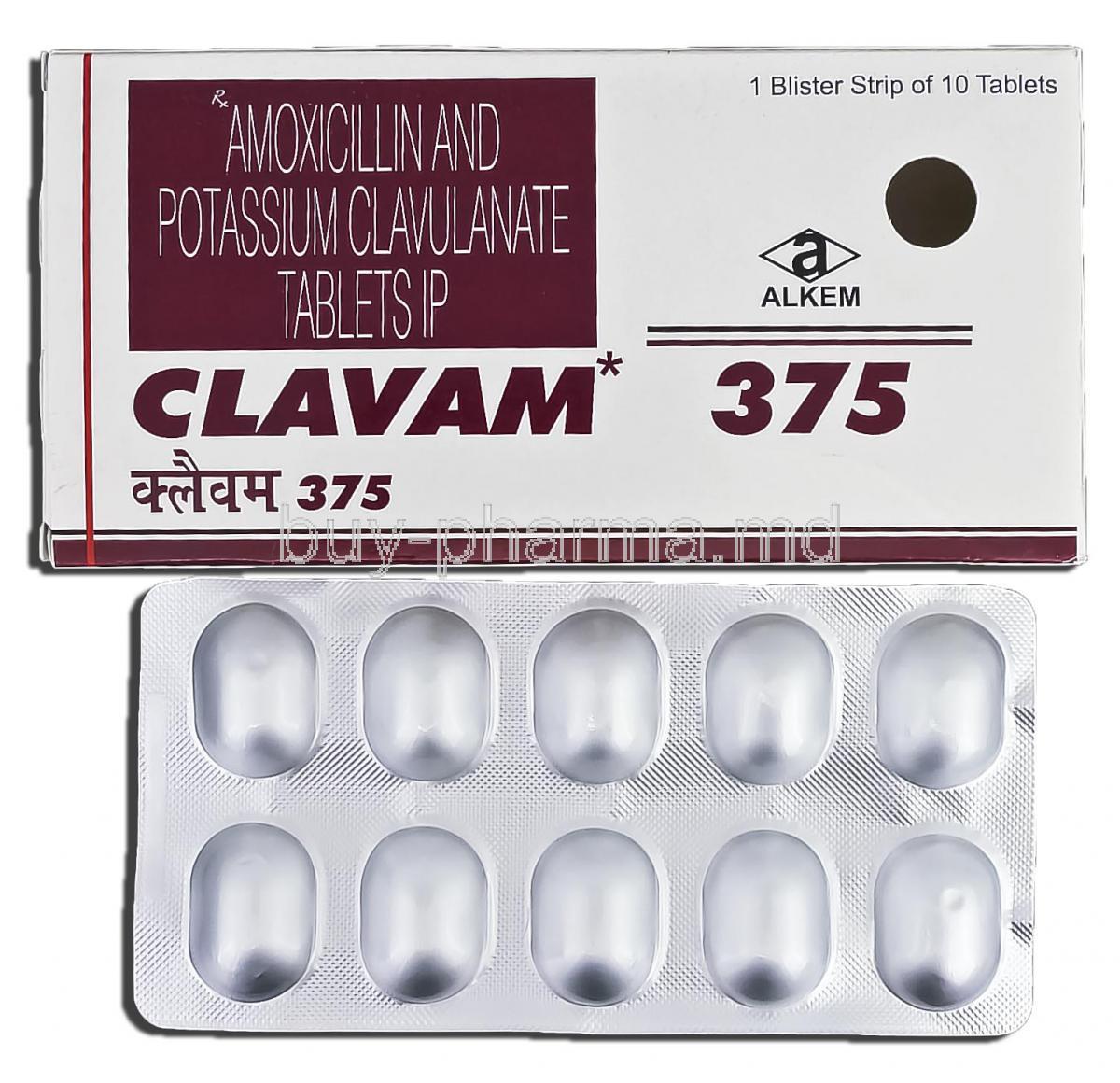 Clavam 375, Generic Augmentin, Amoxycillin, 250mg, Clavulanic Acid, 125mg, Tablet