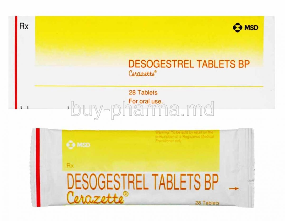 Cerazette, Desogestrel box and tablets