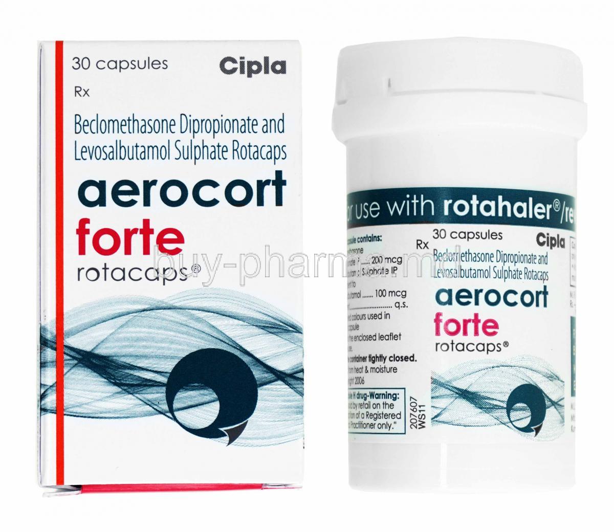 Aerocort Forte Rotacap, Levosalbutamol and Beclometasone box and capsule bottle
