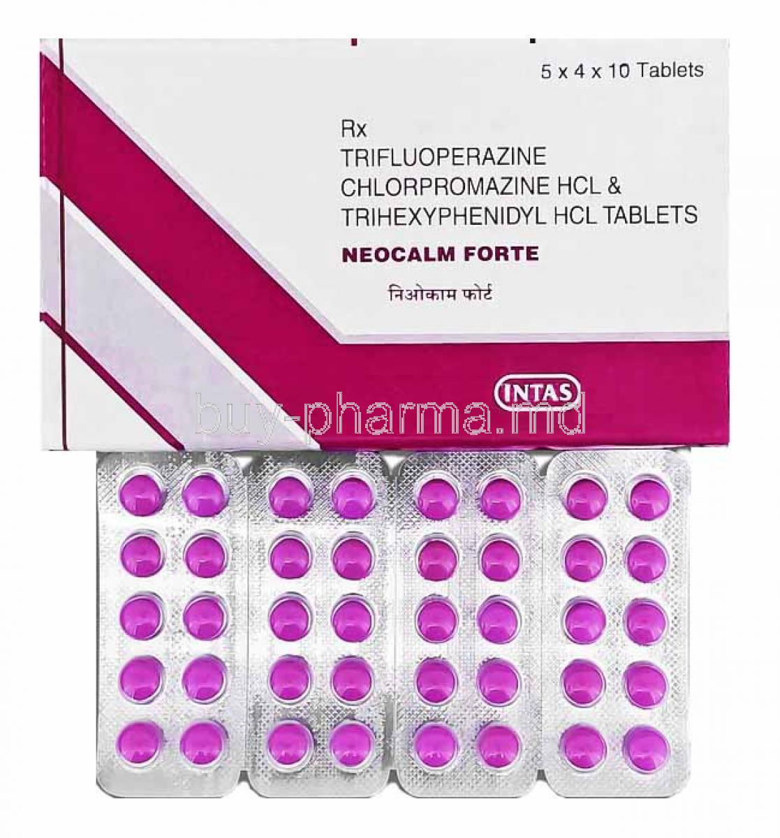 Neocalm Forte,  Trifluoperazine, Chlorpromazine and Trihexyphenidyl box and tablets