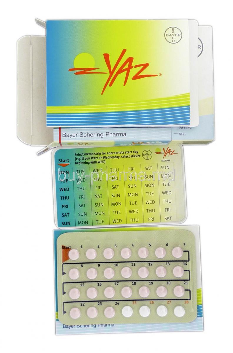 Yaz, Branded Yaz, Drospirenone and Ethinylestradiol, 3.0mg and 0.02mg, Box and Strip