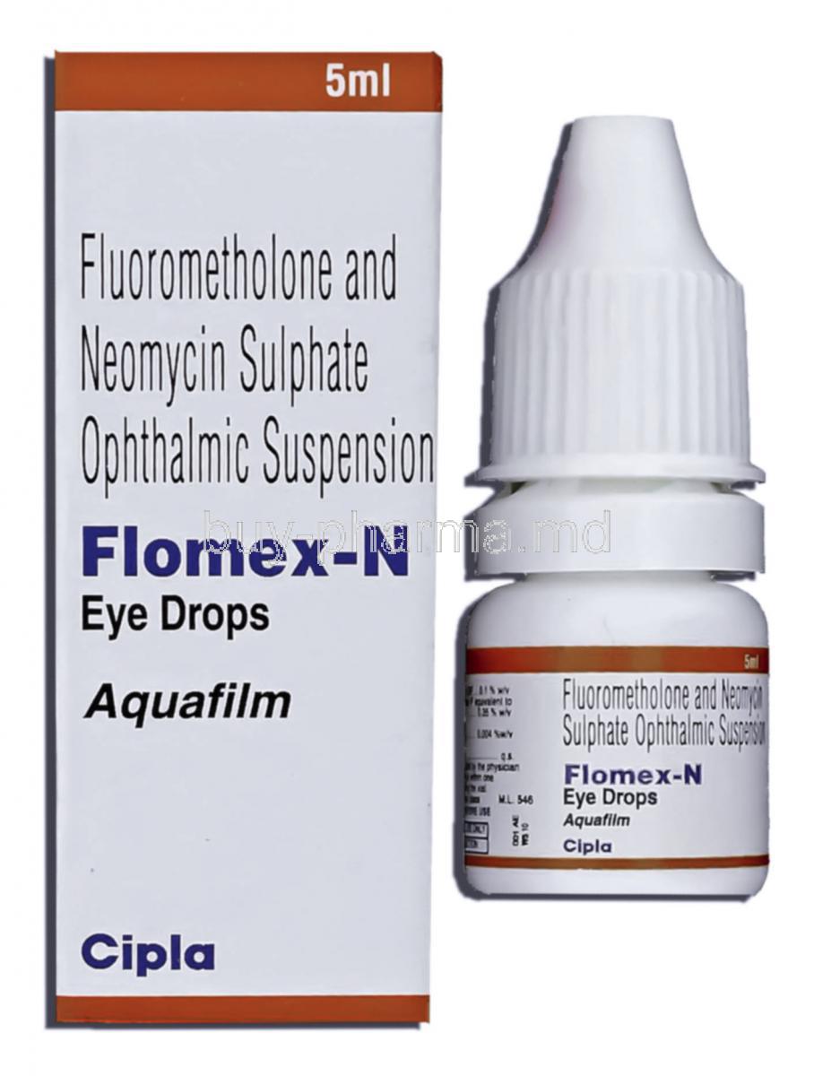 Flomex-N, Fluorometholone/ Neomycin sulphate 0.1% w/v / 0.35% w/v 5 ml Ophthalmic Suspension Eye Drops (Cipla)