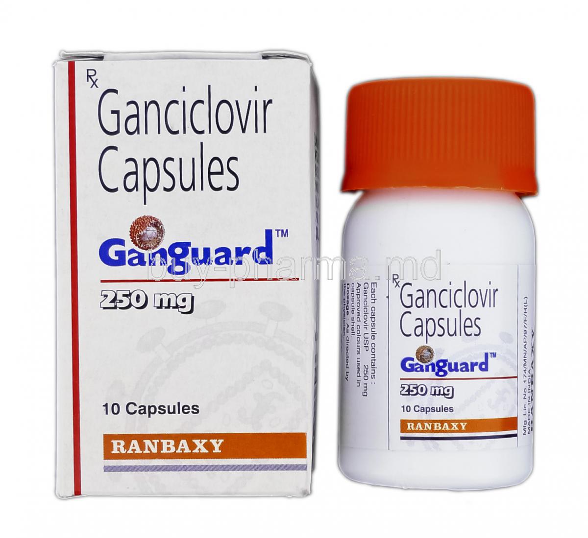 Ganguard, Generic Cytovene, Ganciclovir, 250 mg, Box and Bottle