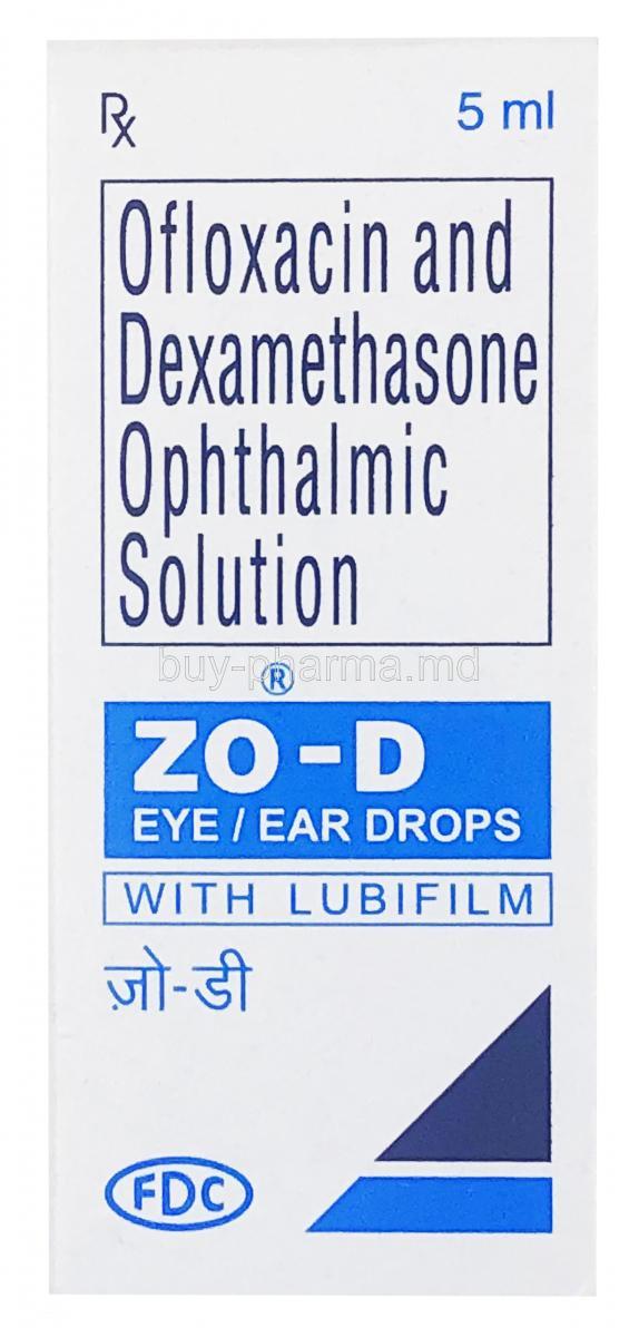 Dexamethasone/ Ofloxacin Eye Drops, ZO-D with Lubifilm, 5ml, box front presentation