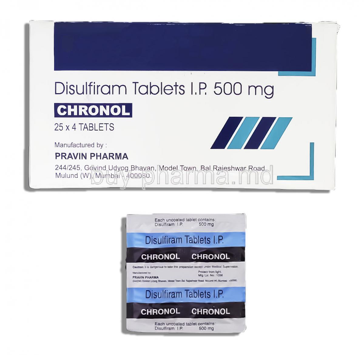 Chronol, Disulfiram Generic,  Disulfiram 500 Mg  Tablet (Chronol) Pravin Pharma