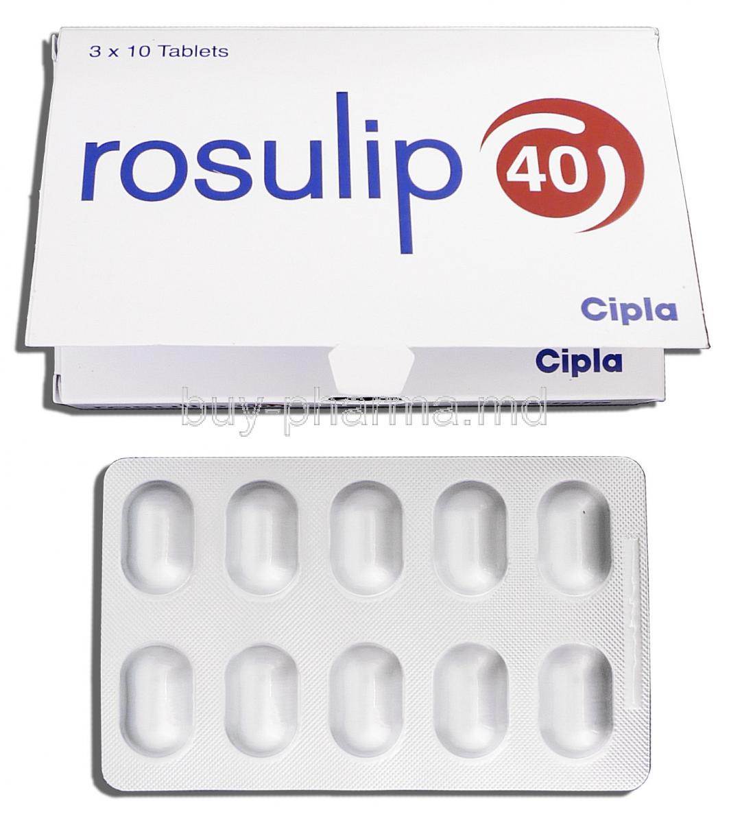 Rosulip 40, Generic Crestor, Rosuvastatin 40mg, Box and Strip