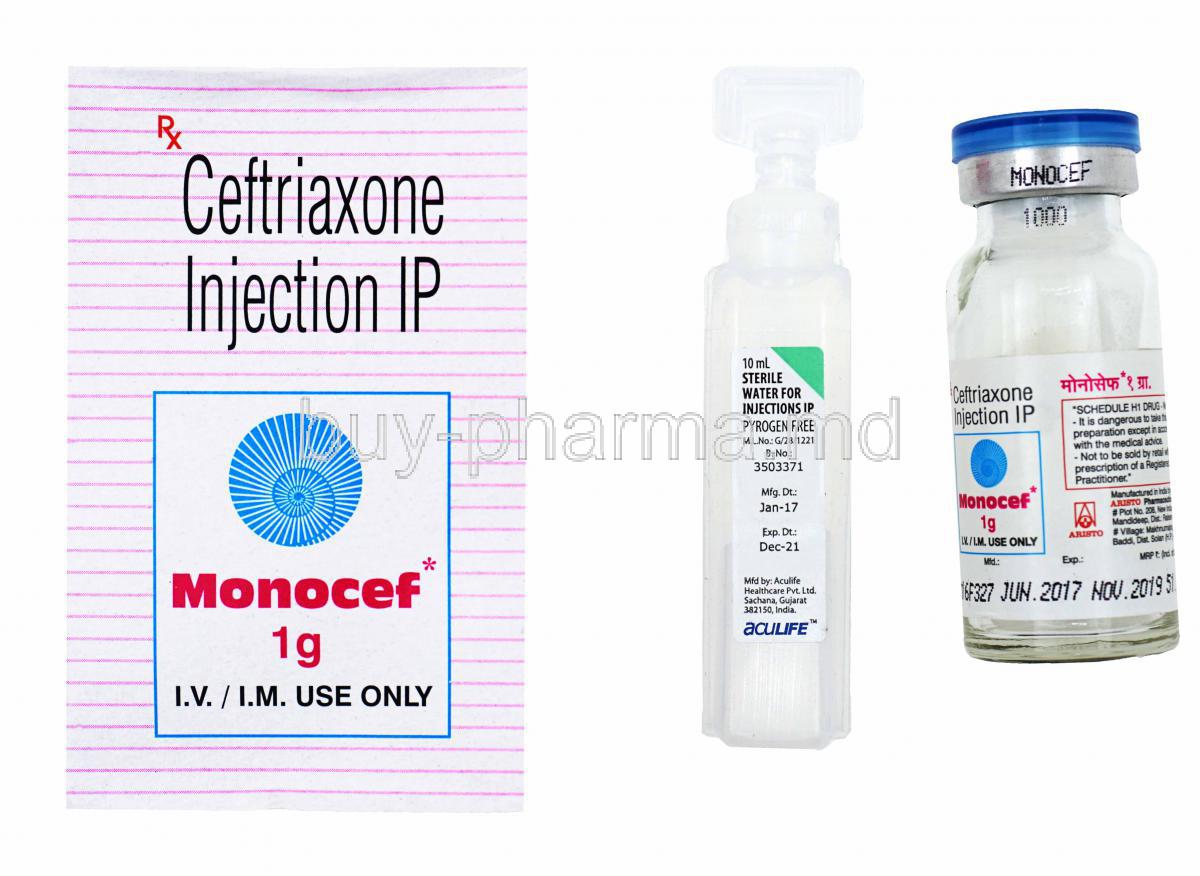 Generic Rocephin, Ceftriaxone Sodium Injection, Monocef 1g, box, bottle and vial front presentation, contents of box
