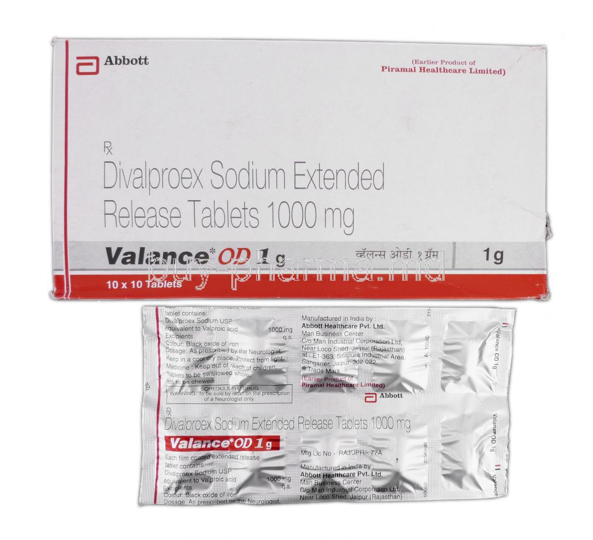 Valance OD 1g, Geneiric Depakote, Divalproex Sodium ER, 1000 mg, Box and Strip