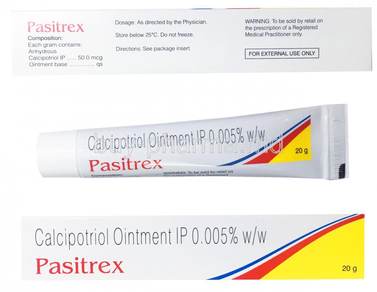 Pasitrex Ointment, Calcipotriol 0.005% box and tube
