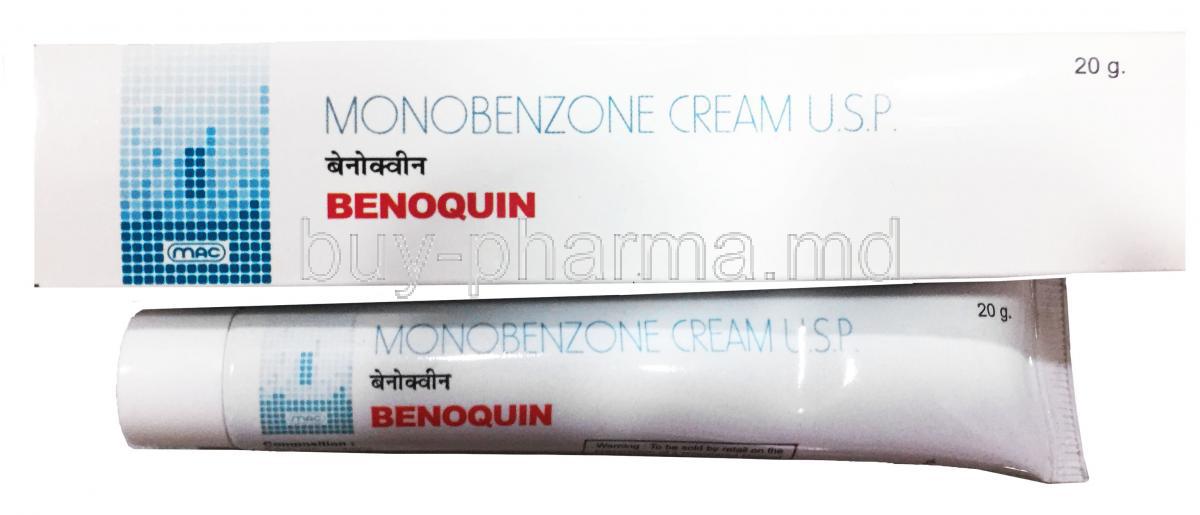 Benoquin, Monobenzone Cream, MAC, 20g box and tube front presentation