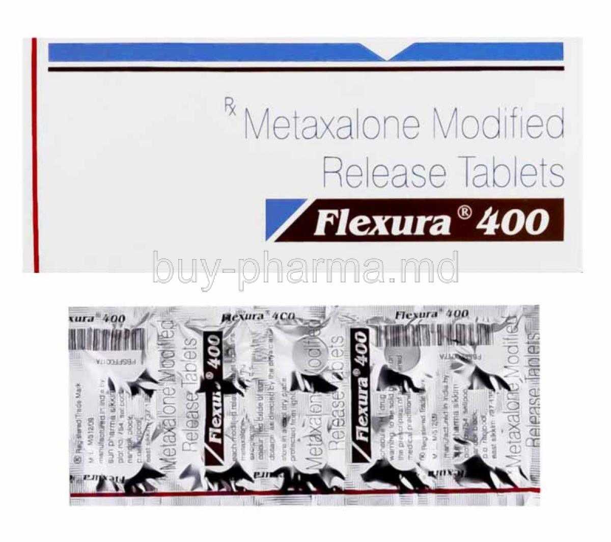Flexura, Metaxalone box and tablets