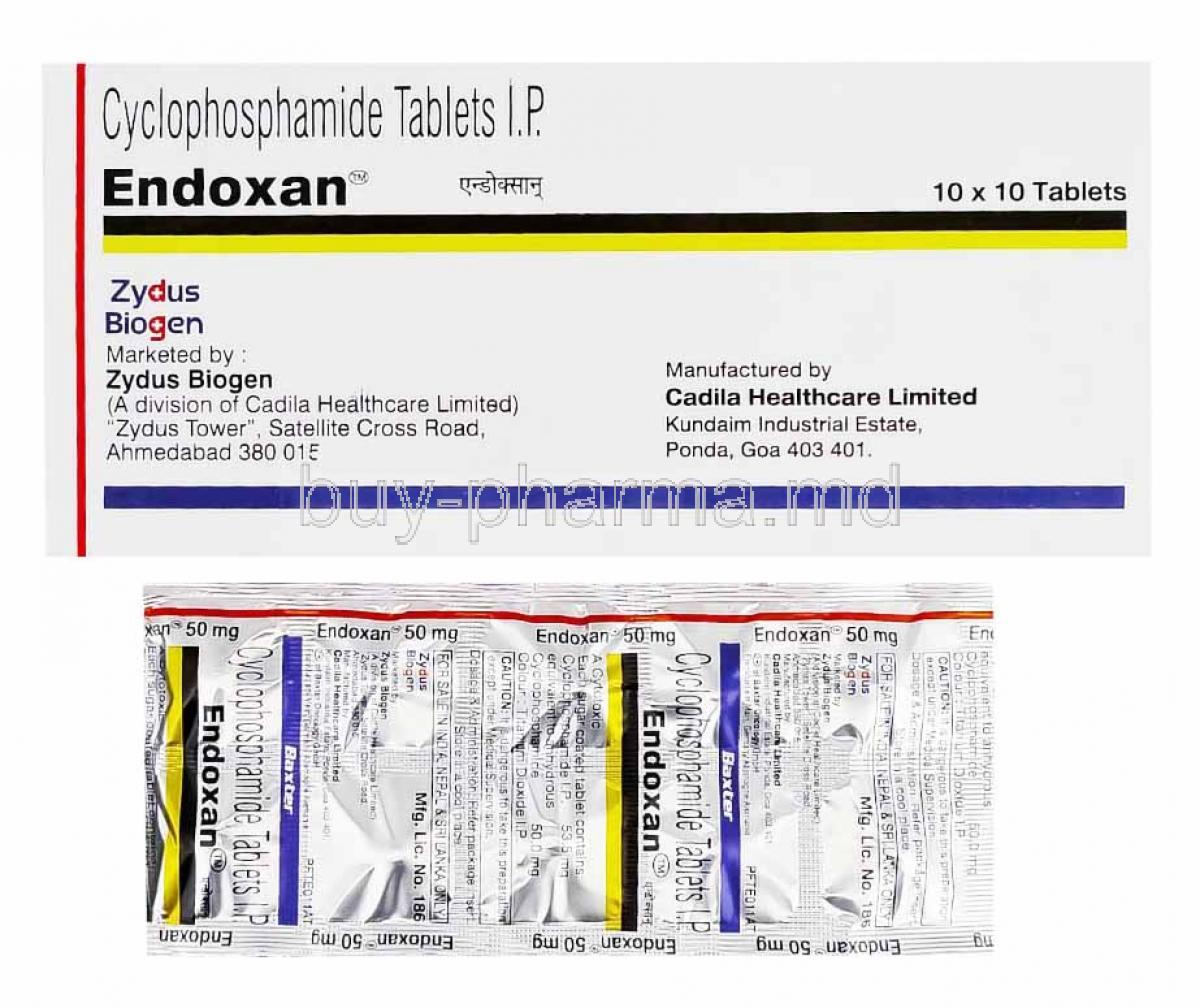 Endoxan, Cyclophosphamide box and tablets