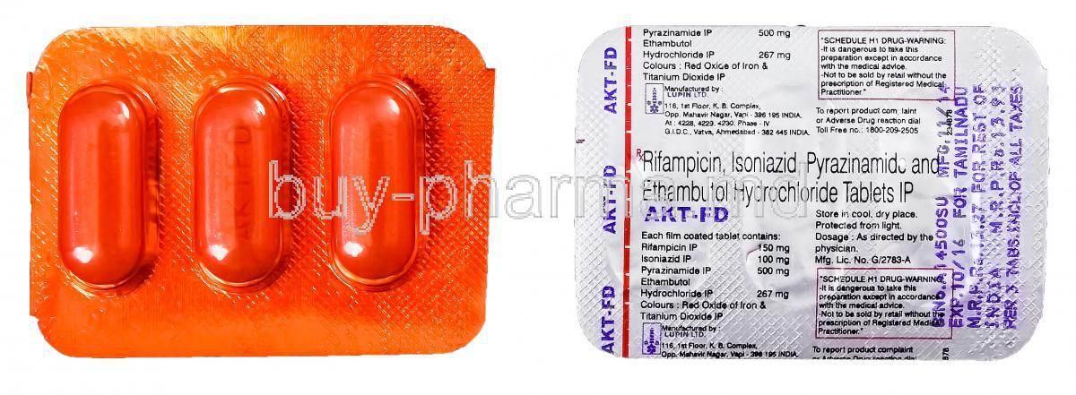 AKT-FD, Ethambutol 267mg Rifampicin 150mg Pyrazinamide 500mg Isoniazid 100mg Tablet Strip